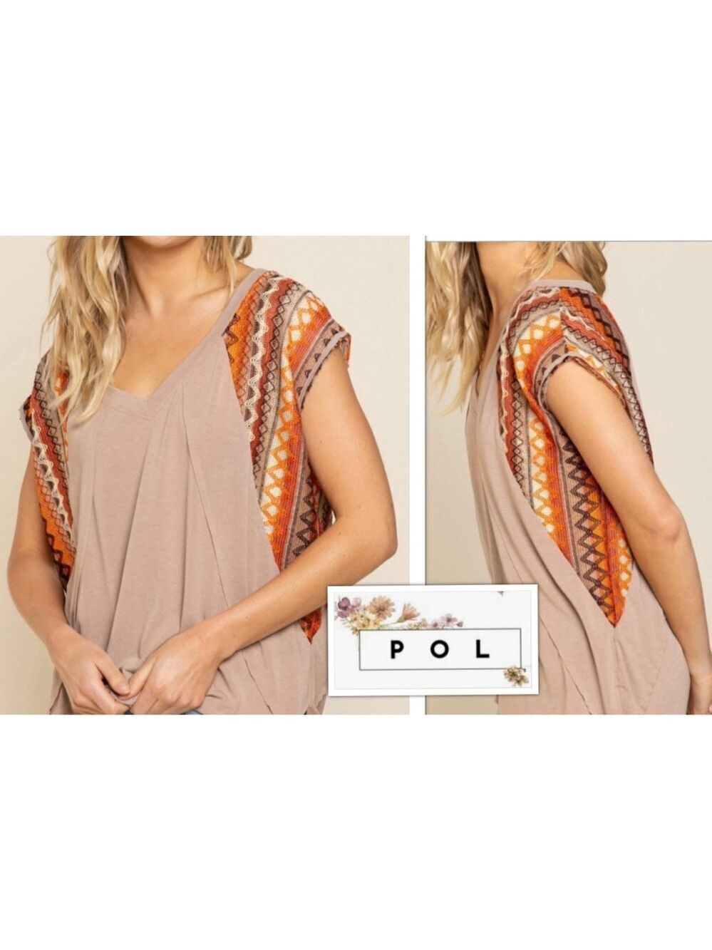 POL Aztec Crochet Embroidered Boho Size Small Oversized Blouse in Mocha